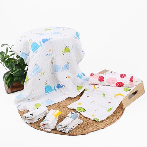 MOM'S HOME Unisex Baby Organic Cotton Super Soft Absorbent 6 Item Gift Set | 0-3 Years | Muslin 6 Layer wash Towel- 60X120 CM -Printed and Pack of 3 Napkin and 2 Burp Cloth - Image 1