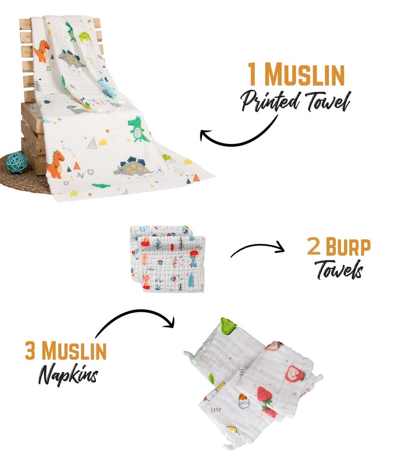 MOM'S HOME Unisex Baby Organic Cotton Super Soft Absorbent 6 Item Gift Set | 0-3 Years | Muslin 6 Layer wash Towel- 60X120 CM -Printed and Pack of 3 Napkin and 2 Burp Cloth - Image 2