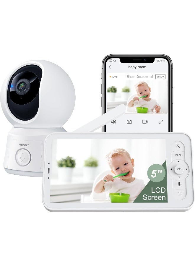 ARENTI Baby Monitor with Camera and Sound, 12.7cm Smart Baby Camera Monitor with Free Phone App, 1080P, VOX, PTZ, One-Touch Connection, Temperature Sensor, Lullaby - Image 1