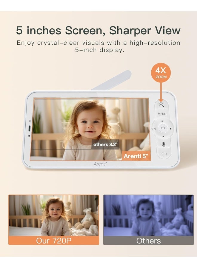 ARENTI Baby Monitor with Camera and Sound, 12.7cm Smart Baby Camera Monitor with Free Phone App, 1080P, VOX, PTZ, One-Touch Connection, Temperature Sensor, Lullaby - Image 3