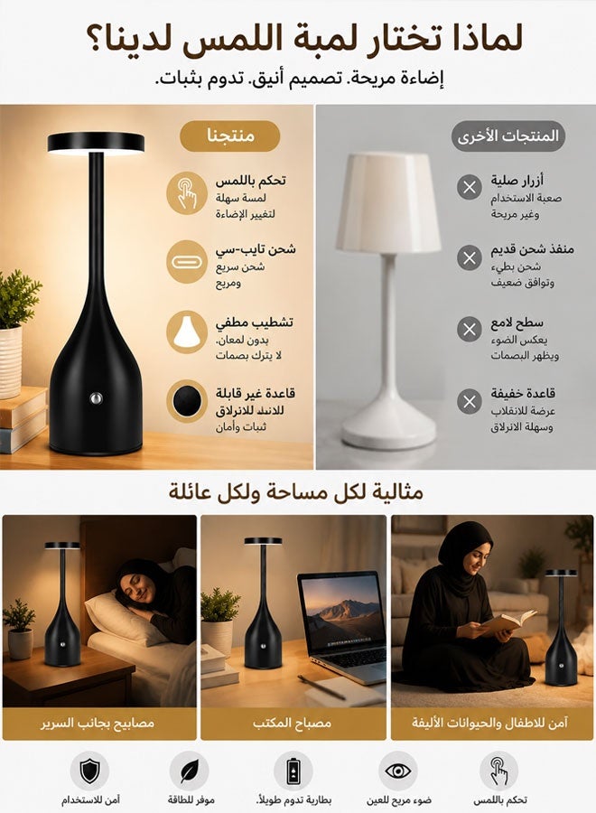 Bedside Touch Lamp, Rechargeable Table Lamp Cordless with 5000mAh | Touch Lamps for Nightstand, 3 Color Temperatures, Stepless Dimming, Eye-Friendly, Waterproof, Anti‑Slip Base, Memory Function - Image 4