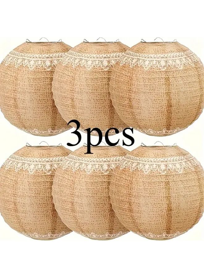 3 Piece Coarse Linen Lace Printed Paper Lanterns Bohemian Indoor Decor - Image 1