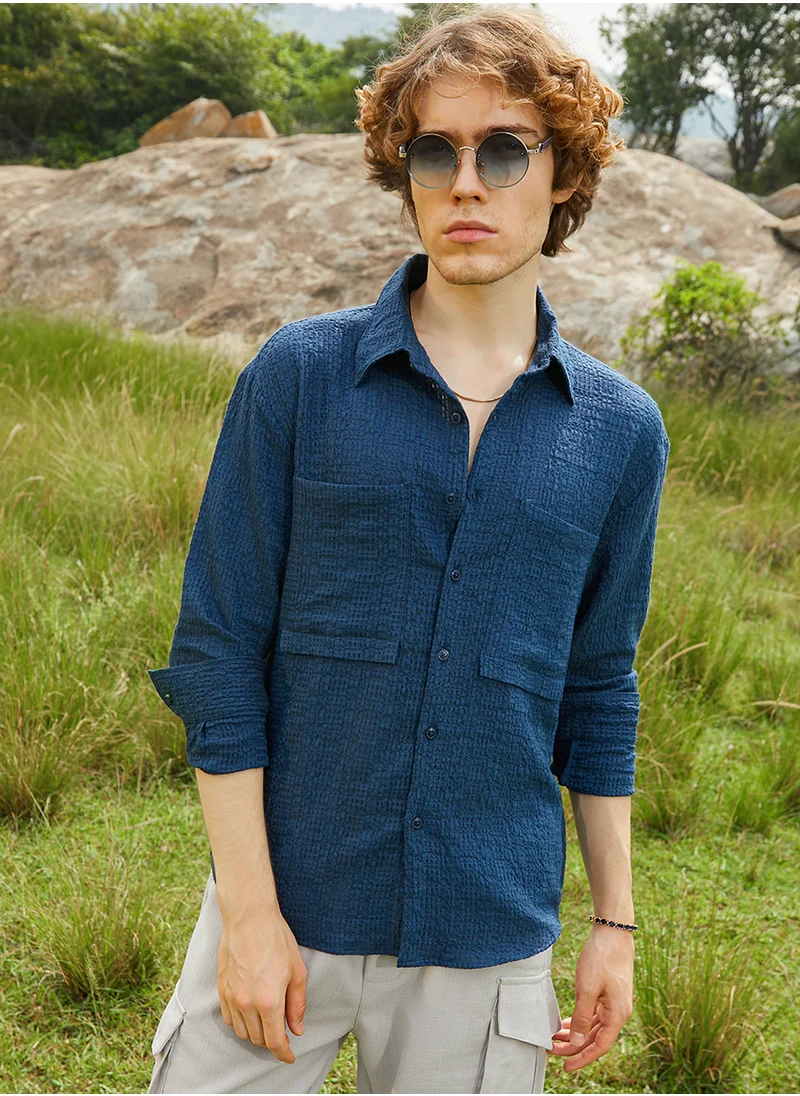 Campus Sutra Men's Admiral Blue Straw Utility Oversized Shirt