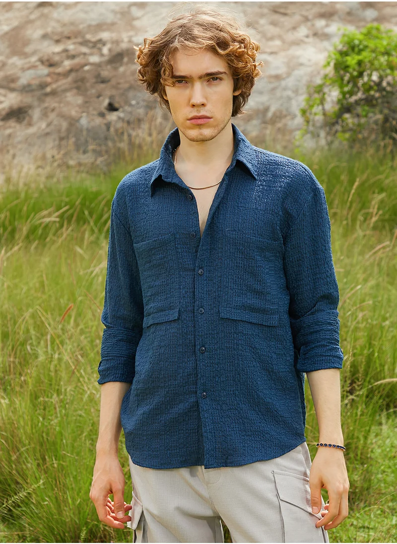 Campus Sutra Men's Admiral Blue Straw Utility Oversized Shirt