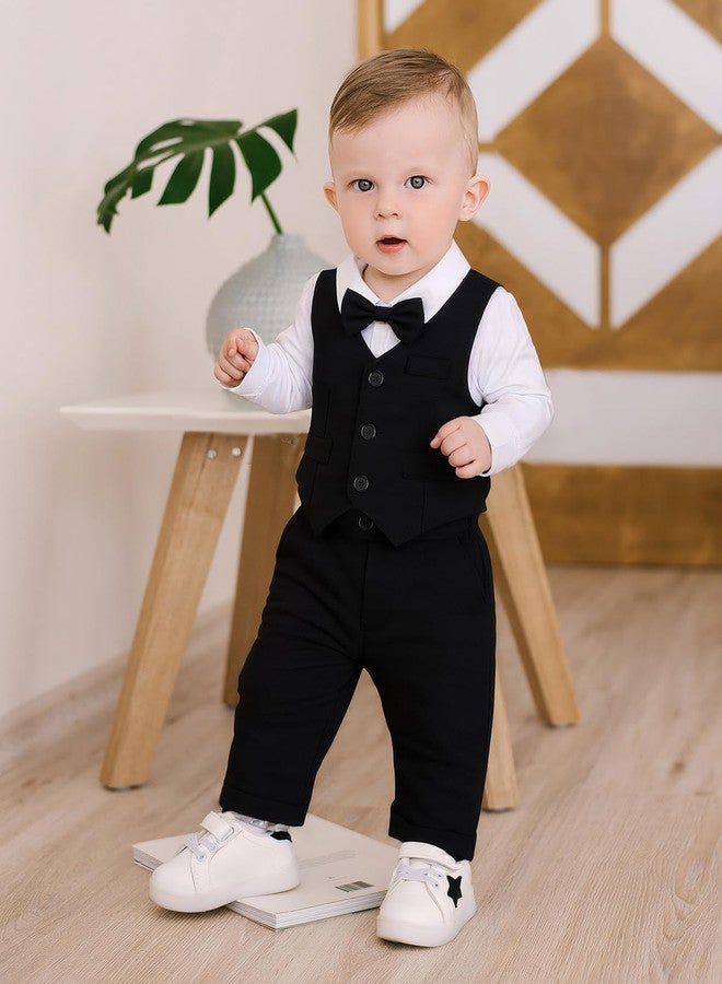 Juivesia Baby Boy Clothes Suits Infant Gentleman Wedding Outfit Formal Dress Shirt Vest Bowtie Pants 4Pcs Baby Suit Sets (Black, 6-12 Months) - Image 3