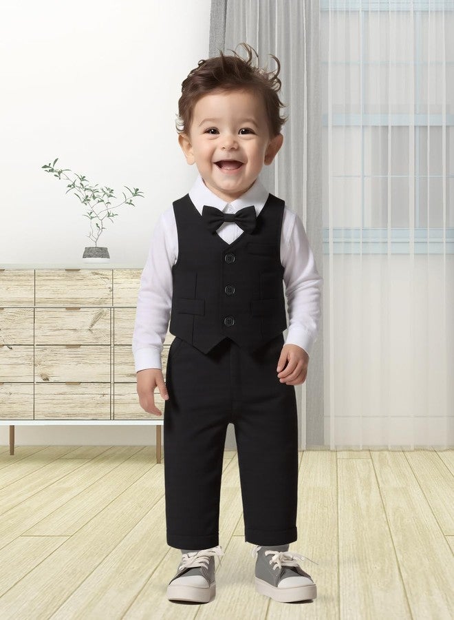 Juivesia Baby Boy Clothes Suits Infant Gentleman Wedding Outfit Formal Dress Shirt Vest Bowtie Pants 4Pcs Baby Suit Sets (Black, 6-12 Months) - Image 4