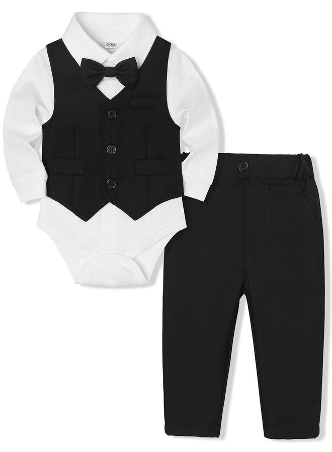 Juivesia Baby Boy Clothes Suits Infant Gentleman Wedding Outfit Formal Dress Shirt Vest Bowtie Pants 4Pcs Baby Suit Sets (Black, 6-12 Months) - Image 1