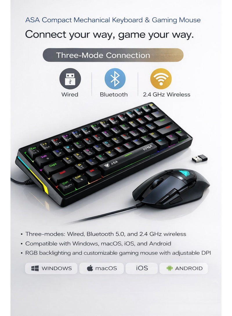 ASA KM64 2-in-1 Mechanical Gaming Keyboard & RGB Gaming Mouse Combo – 64-Key Hot-Swappable Keyboard, 8000 DPI Mouse, Type-C Wired, PS5 & Windows Compatible - Image 2