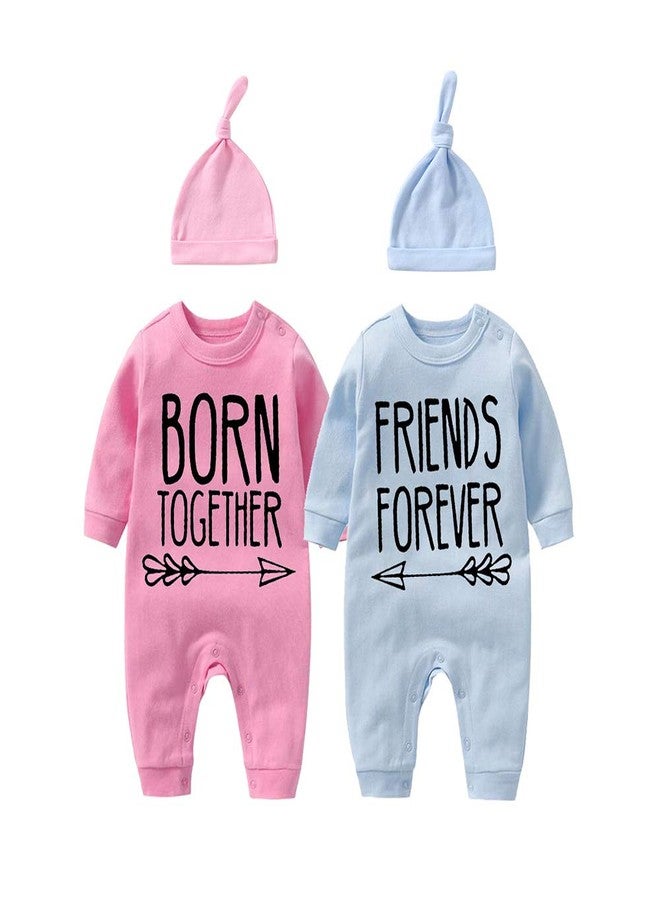 YSCULBUTOL Baby Twins Bodysuit Born Together Friends Forever Newborn Clothes Unisex Twin Outfits With Hat(PB BF 3m) - Image 1