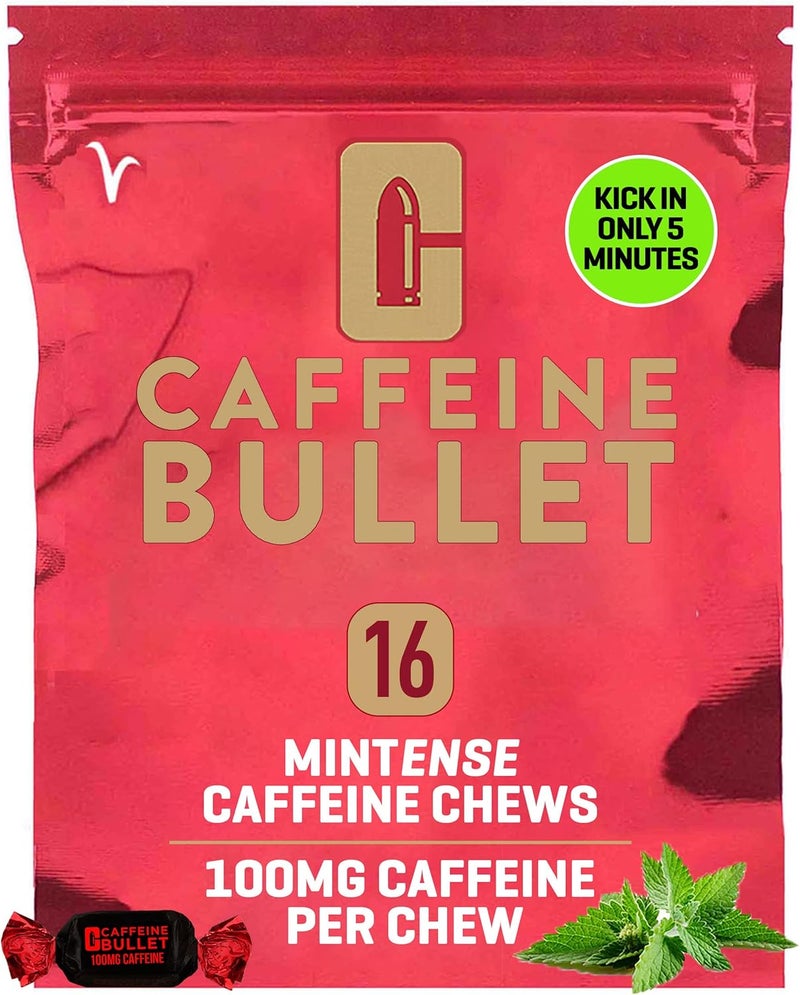 Caffeine Bullet جيل الطاقة كافيين بولت ترقية نعناع مضغ 16 أسرع دفعة من الأقراص والعلكة 100 ملغ لكل حصة علم الرياضة للجري وركوب الدراجات والألعاب قبل التمرين لتحمل الطاقة - Image 1