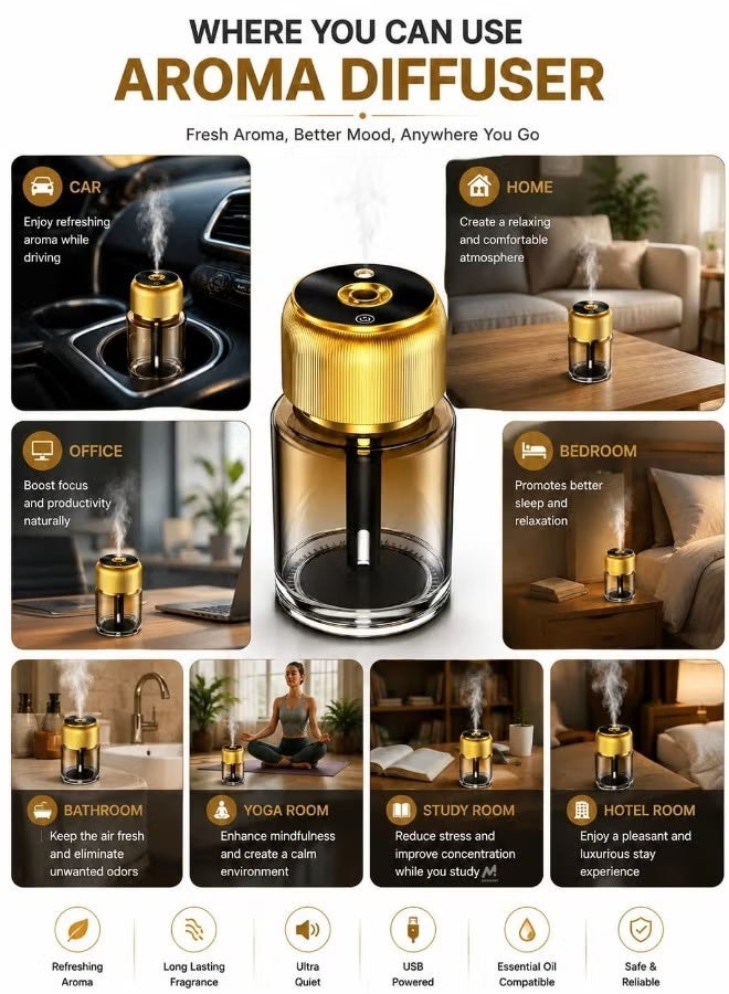 ELTRAZONE Portable Essential Oil Diffuser Car Aromatherapy Air Freshener, Multi-Mode Mist, Golden Glass - Image 5