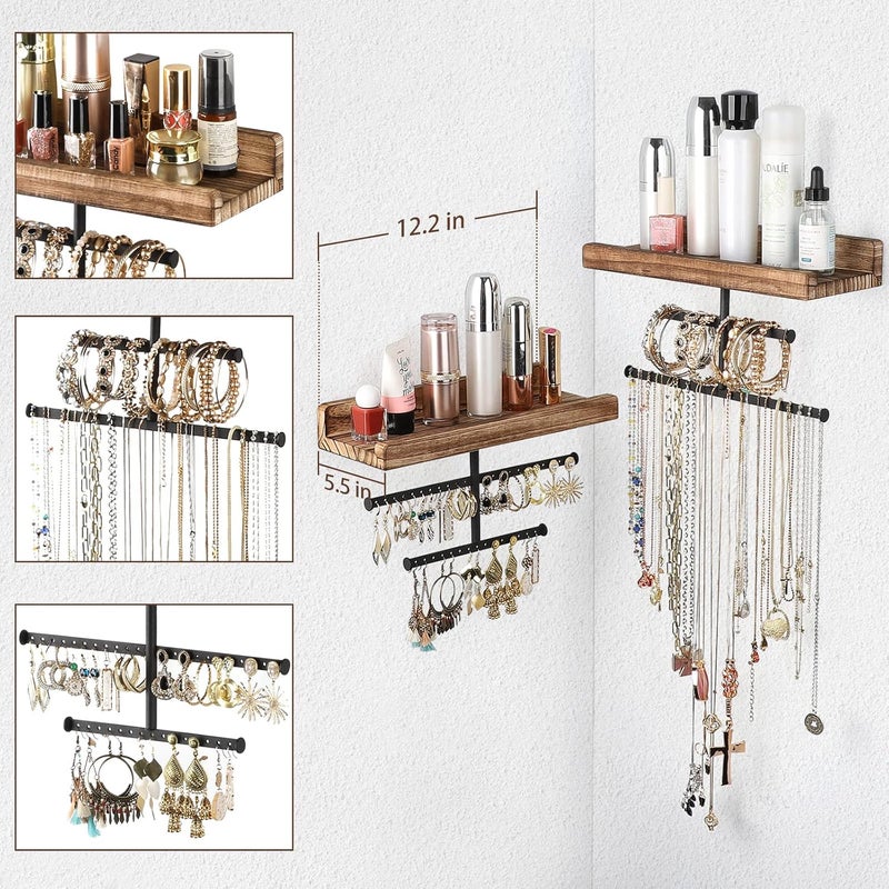 Keebofly Hanging Wall Mounted Jewelry Organizer with Rustic Wood Jewelry Holder Display for Necklaces Bracelet Earrings Ring Set of 2 Carbonized Black,[Patented] - Image 3