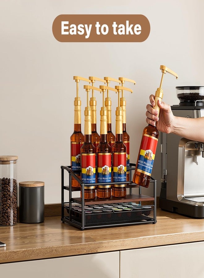 kimilus Coffee Syrup Rack Organizer, 3-Tier 8 Bottle Syrup Rack with 35 K Cup Drawer for Coffee Bar, Countertop Bottle Holder Stand for Dressing for Kitchen Cafe Station - Image 2