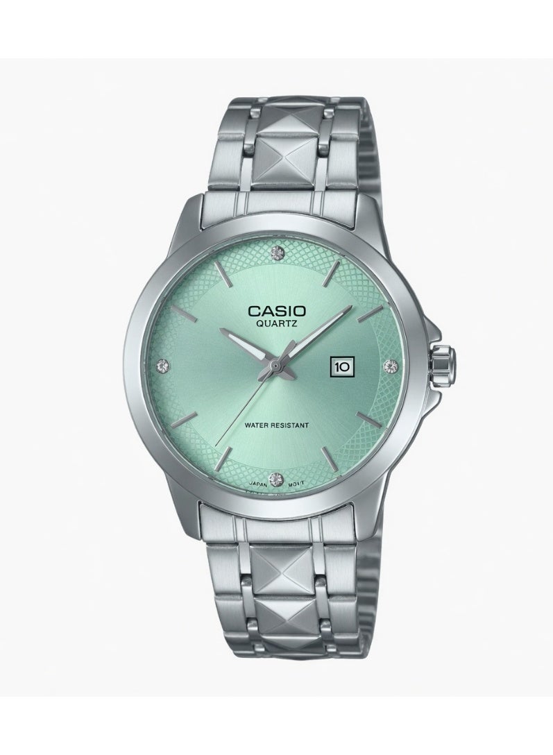 Casio Men's Analog Watch - Turquoise Dial with Crystal Accents, Textured Stainless Steel Band - MTP-V004D-2C2
