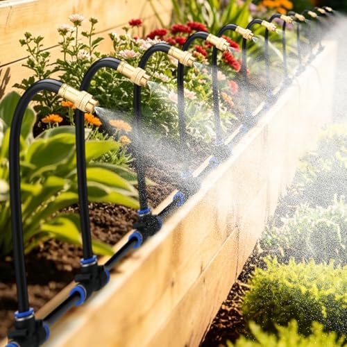 Beeplove 49ft Drip Irrigation System - Includes 15pcs 360° Adjustable Copper Nozzles, 5/16" PE Tubing, 1/2" & 3/4" Faucet Adapters, Automatic Garden Watering Sprinkler System Kit for Raised Bed Plants Lawn - Image 1