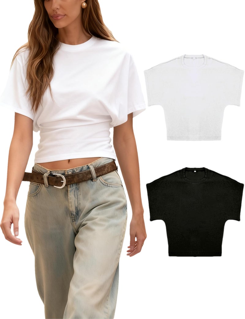 Lumister Shirts for Womens Crewneck Waist T-Shirt Casual Short Sleeve Workout Tops Solid Color Basic Tees(0781-2-BlackWhite-XS) - Image 1