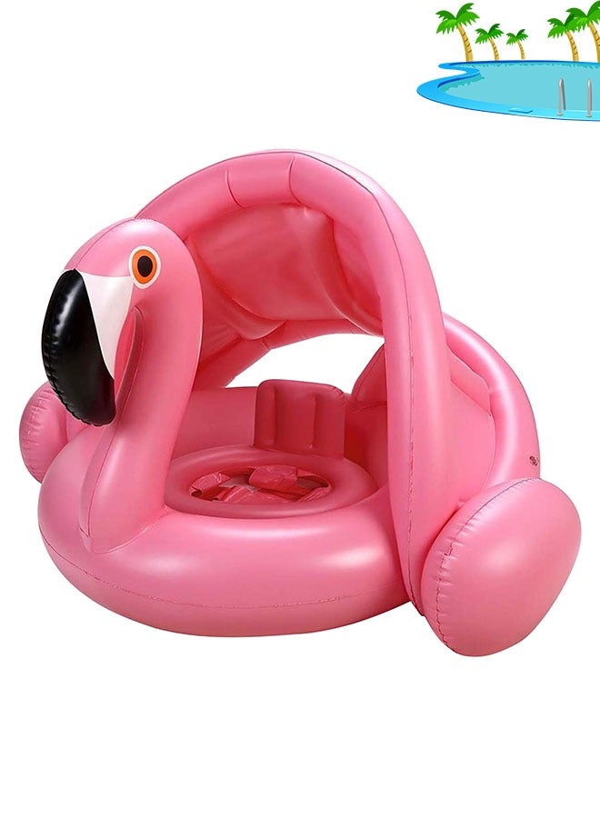 حلقة سباحة للأطفال على شكل فلامنغو مع مظلة وحامل خلفي وأجنحة هوائية، عوامة قابلة للنفخ مع واقي من الشمس للأطفال من سن 1-6 سنوات - Image 1
