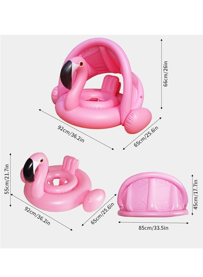 حلقة سباحة للأطفال على شكل فلامنغو مع مظلة وحامل خلفي وأجنحة هوائية، عوامة قابلة للنفخ مع واقي من الشمس للأطفال من سن 1-6 سنوات - Image 2