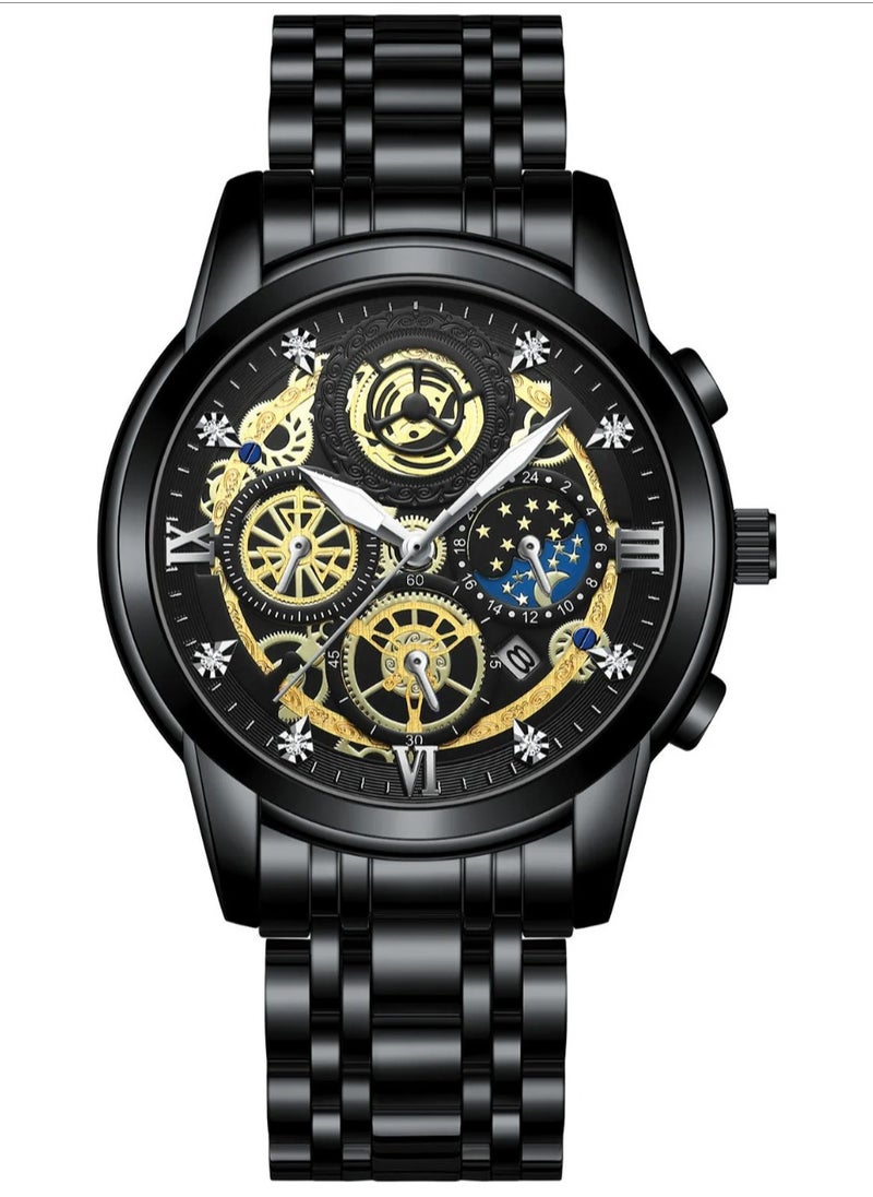 POEDAGAR New luxury watch men hollow flywheel moissanite skeleton black quartz watch stainless steel  - Image 1