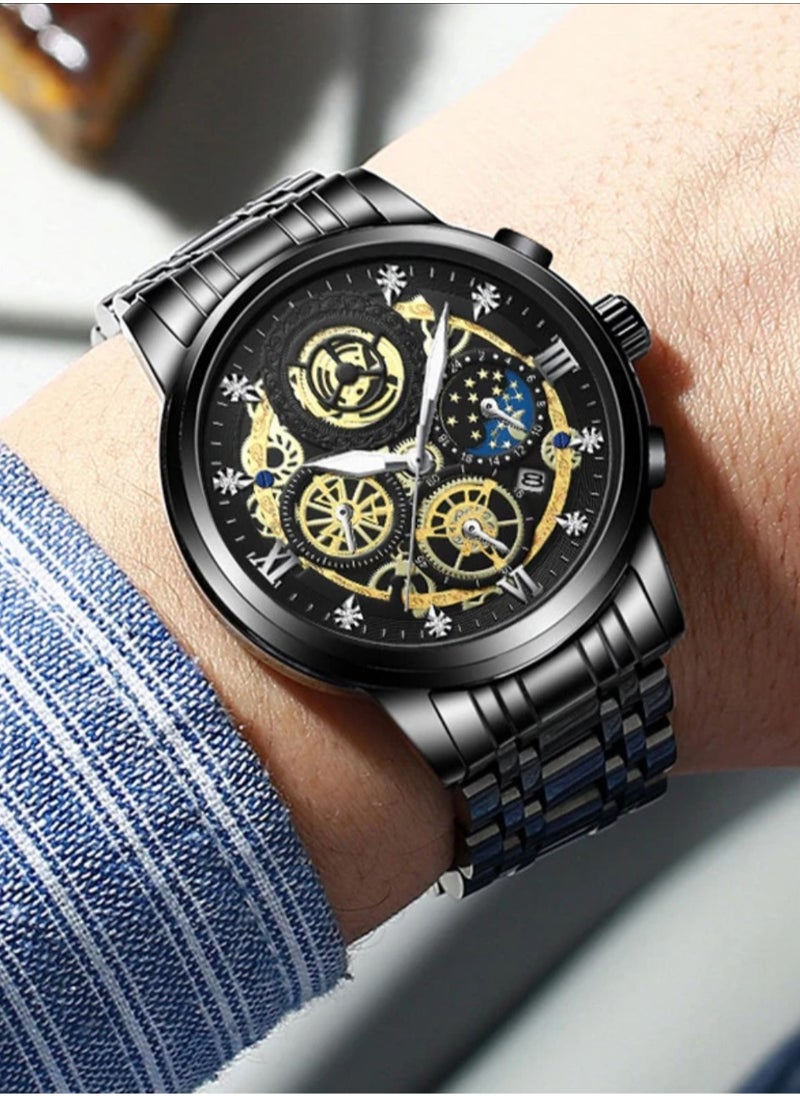 POEDAGAR New luxury watch men hollow flywheel moissanite skeleton black quartz watch stainless steel  - Image 2