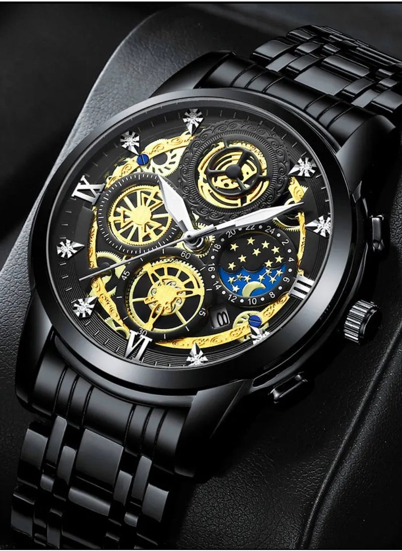 POEDAGAR New luxury watch men hollow flywheel moissanite skeleton black quartz watch stainless steel  - Image 3