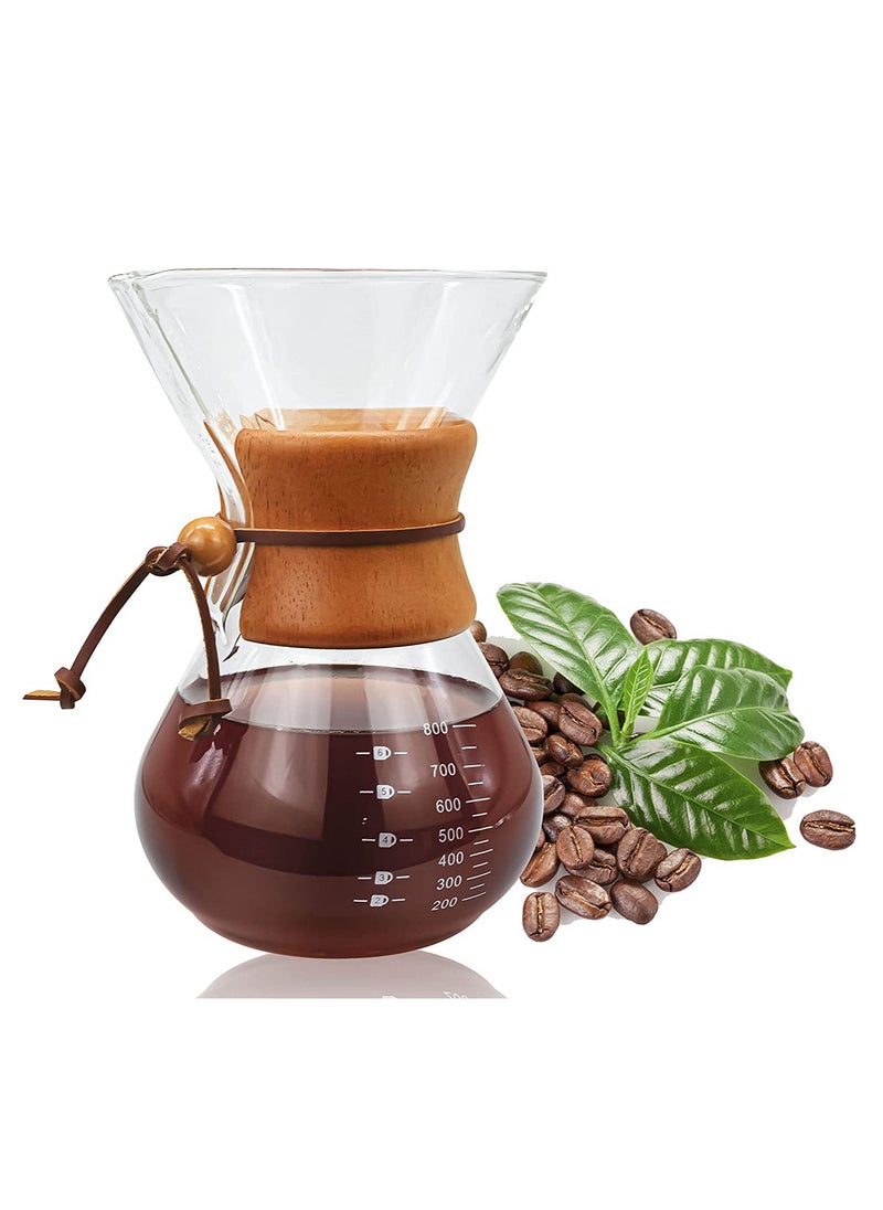 MIBRU Pour Over Chemex Style Coffee Maker Drip Glass Pot Espresso Bowl Machine Heat Resistant for Home Travel Wooden hoop Transparent 800ml  - Image 1