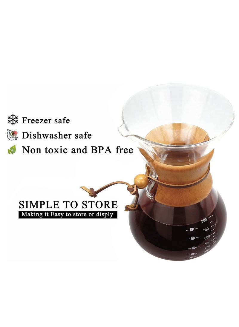 MIBRU Pour Over Chemex Style Coffee Maker Drip Glass Pot Espresso Bowl Machine Heat Resistant for Home Travel Wooden hoop Transparent 800ml  - Image 2