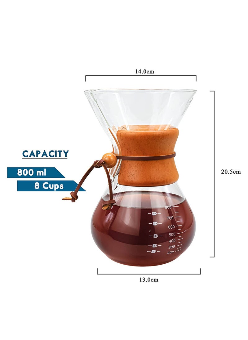 MIBRU Pour Over Chemex Style Coffee Maker Drip Glass Pot Espresso Bowl Machine Heat Resistant for Home Travel Wooden hoop Transparent 800ml  - Image 3