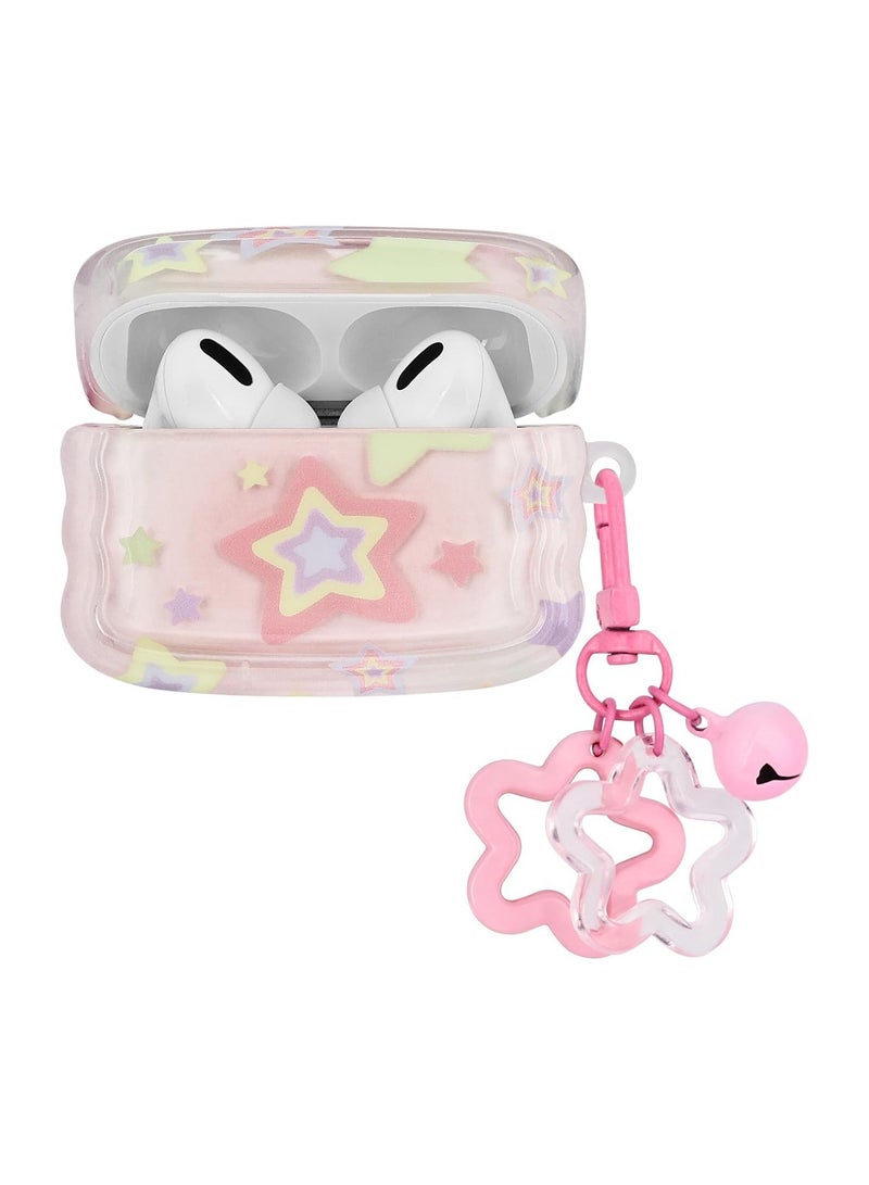 عام متوافق مع AirPods Pro، حقيبة شفافة ناعمة من TPU مقاومة للصدمات بتصميم إطار أمواج لطيف ونمط نجوم مع سلسلة مفاتيح Belstar. مثالية للفتيات والنساء. - Image 1