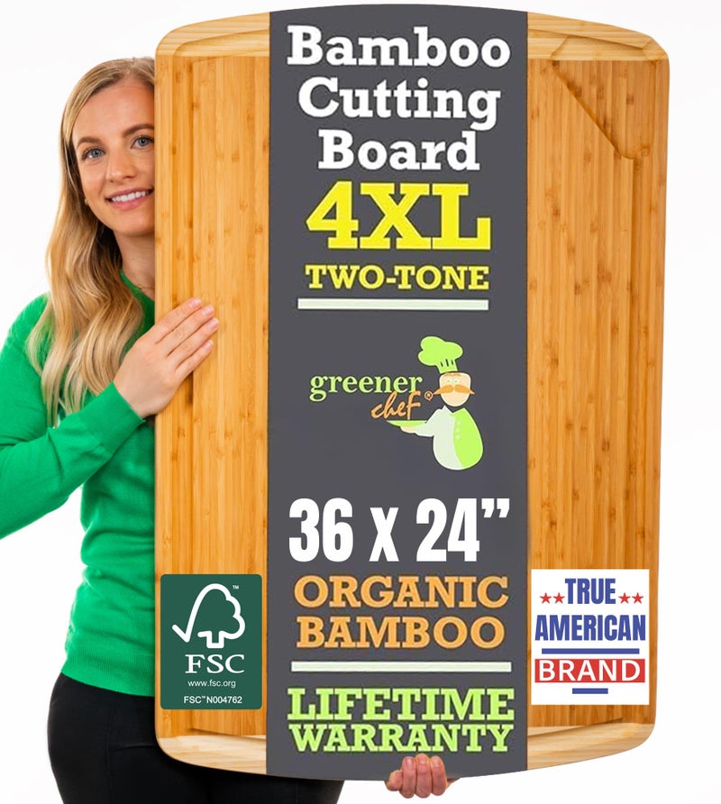 GREENER CHEF 36 x 24 Inch Extra Large Bamboo Cutting Board with Lifetime Replacements â€“ 4XL Butcher Block, Oversized Carving & Charcuterie Board, Stovetop Cover for Kitchen Counter Space - Image 1