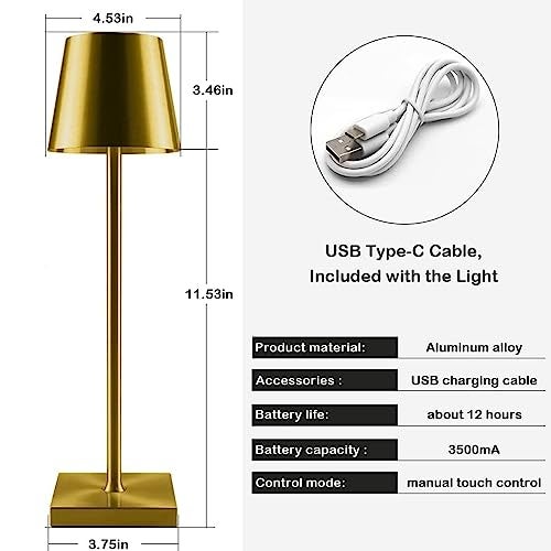 Xergy Portable Metal Desk Lamp - 3 Color Touch Control, USB Rechargeable, 3-Level Brightness, Room Decor, Bedside Light, Night Light, Dining Room (Gold) - LED - Image 4