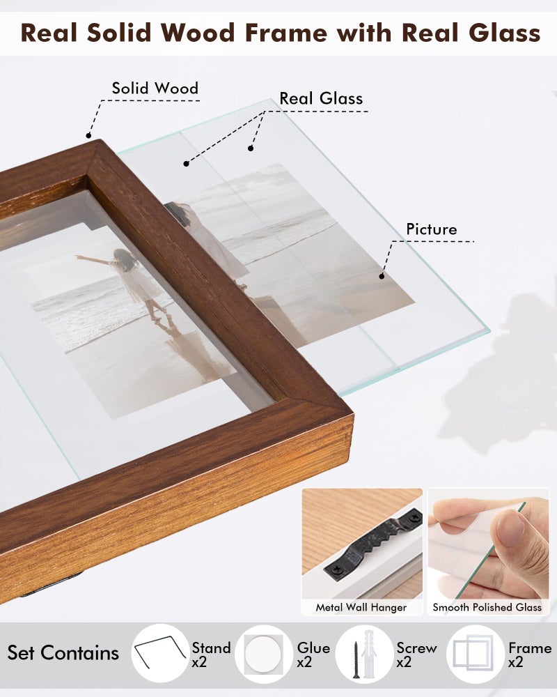 DLQuarts 5x7 Floating Picture Frames for 4x6/3.5x5 Photos, 2-Pack Solid Wood Double Polished Glass Floating Frame for Wall & Tabletop, Postcards and Any Size Photo up to 5x7 Display, Dark Walnut - Image 5