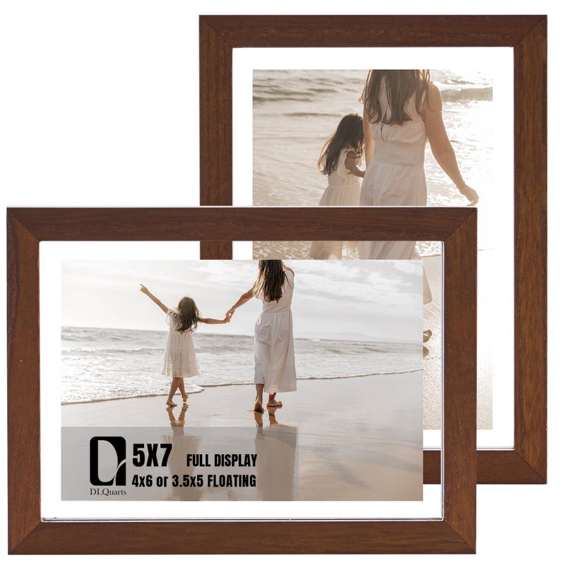 DLQuarts 5x7 Floating Picture Frames for 4x6/3.5x5 Photos, 2-Pack Solid Wood Double Polished Glass Floating Frame for Wall & Tabletop, Postcards and Any Size Photo up to 5x7 Display, Dark Walnut - Image 1