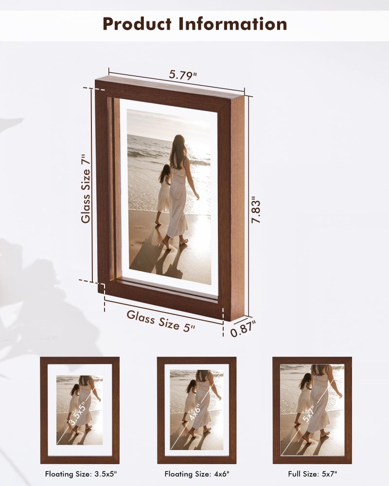 DLQuarts 5x7 Floating Picture Frames for 4x6/3.5x5 Photos, 2-Pack Solid Wood Double Polished Glass Floating Frame for Wall & Tabletop, Postcards and Any Size Photo up to 5x7 Display, Dark Walnut - Image 3
