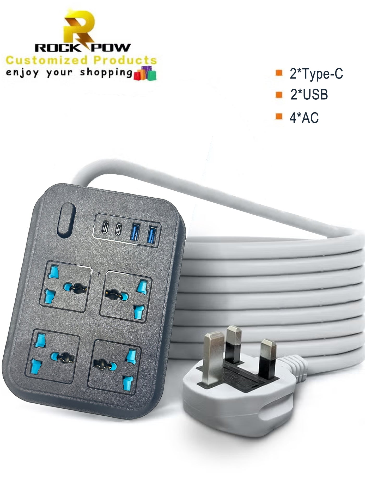 Universal Extension Lead with Multiple Function UK Plug 3 Pin Socket Outlet with 4 Gang 2 USB Port 2 Type-C Port Electric Socket Mains Strip for Home Kitchen and Office