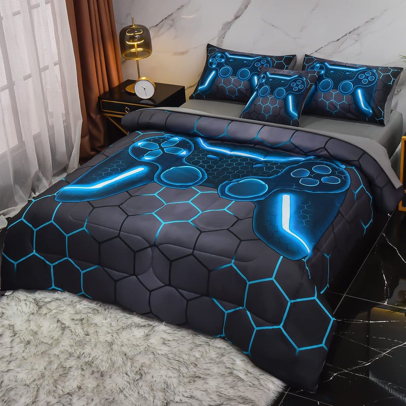 Keyroal 6Pcs Game Console Comforter Set with Sheets for Boys Girls Kids Teens Geometric Gaming Themed Bed in A Bag Twin Size Blue 3D Video Gamer Controller Bedroom Decor Bedding Set