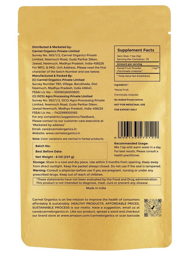 CARMEL ORGANICS CARMEL ORGANICS Harad/Haritaki Fruit Powder 8 Ounce or 0.5 Lb/227 Grams(Pack of 1) | Natural | No Added Preservative | Non-GMO | Terminalia Chebula Powder  - Image 2