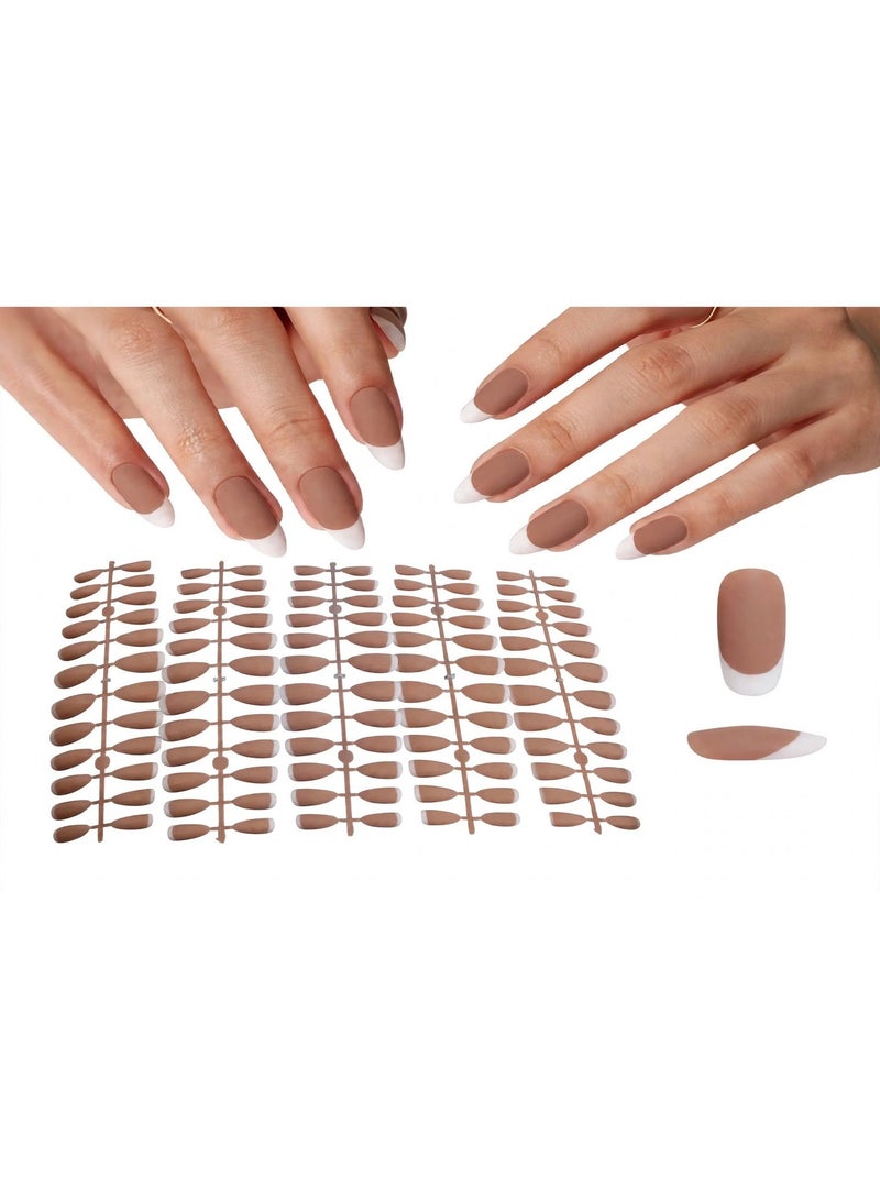 Sugar Girls Professional أظافر تركيب فرنش لوزي - 5 درجات بني نود موكا كراميل - Almond French Press On Nails - 120 قطعة 5 مقاسات - تركيب ذاتي قابل لإعادة الاستخدام - Image 1