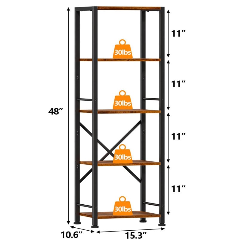 Furologee 5 Tier Tall Bookshelf, Rustic Narrow Bookcase, Display Standing Shelf Units, Metal and Wood Storage Shelves Organizer for Bedroom, Living Room, Home Office, Entryway, Kitchen, Rustic Brown - Image 2