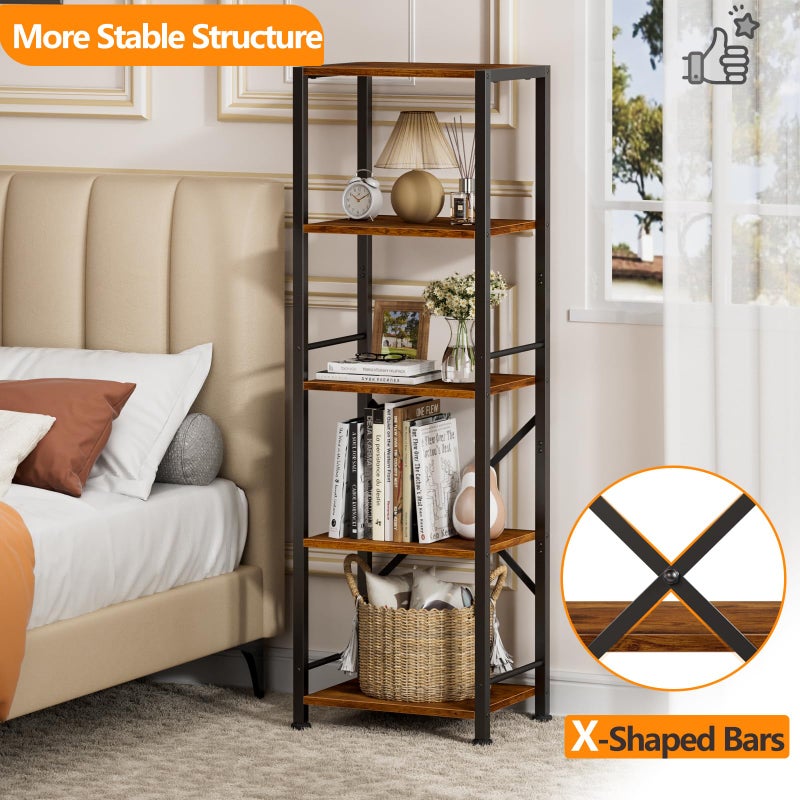 Furologee 5 Tier Tall Bookshelf, Rustic Narrow Bookcase, Display Standing Shelf Units, Metal and Wood Storage Shelves Organizer for Bedroom, Living Room, Home Office, Entryway, Kitchen, Rustic Brown - Image 3