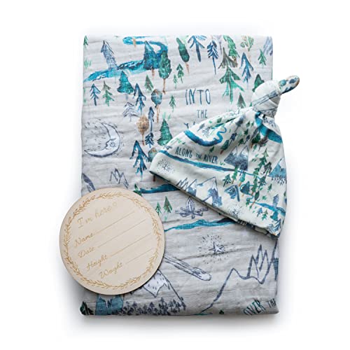 Miaoberry Mountain Baby Organic Muslin Swaddle Blankets for Baby Boy with Hat and Wooden Hello World Newborn Sign, Adventure Forest Theme, Newborn Photography Outfits Boy, Birth Announcement Sign - Image 1