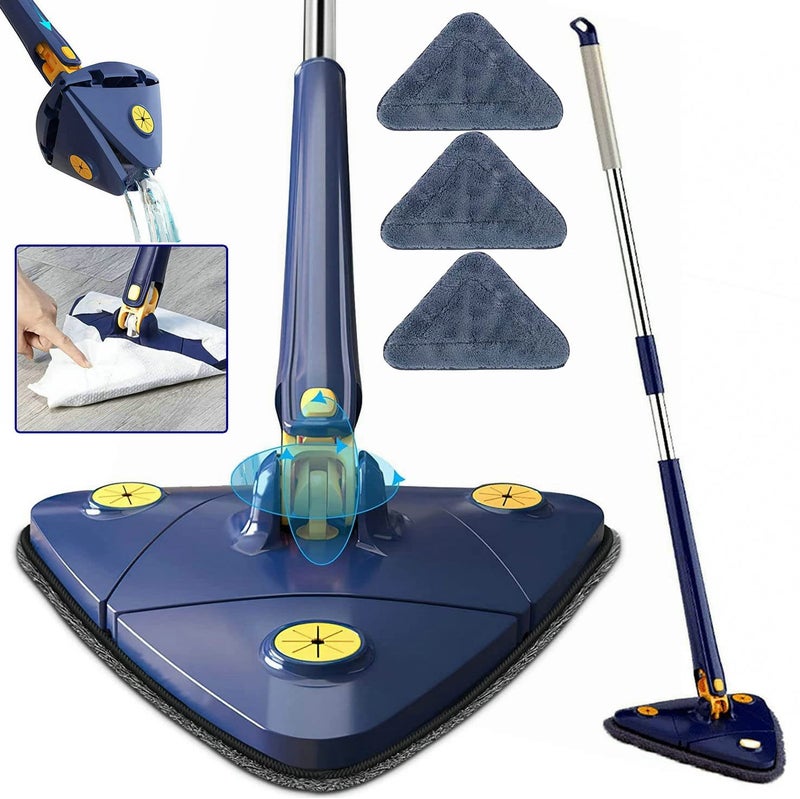360 Rotatable Adjustable Cleaning Mop Extendable Triangle Mop with Long Handle Hand Twist Quick Dry Multifunctional Microfiber Wet and Dry Clean Floor Wall with 3 Replacement Pads