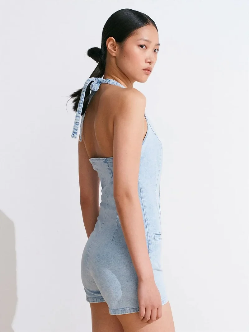 ديلفين Dilvin Slim Fit Denim Halter Jumpsuit