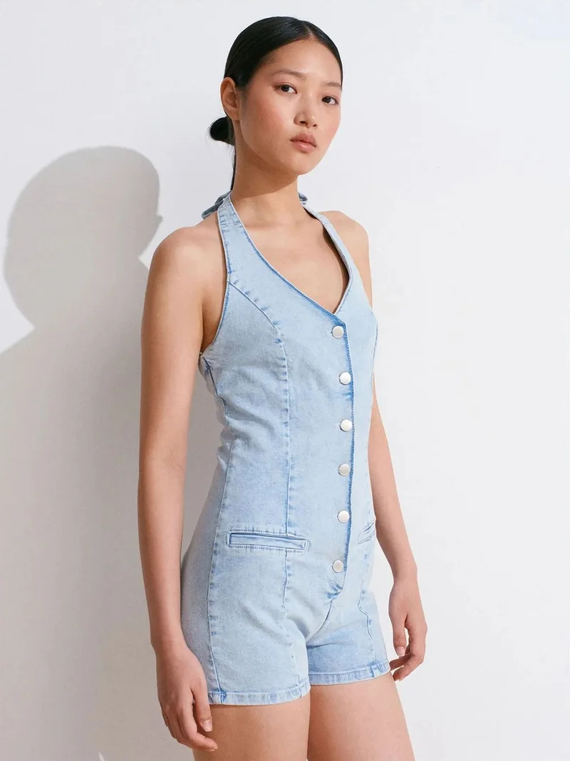 ديلفين Dilvin Slim Fit Denim Halter Jumpsuit