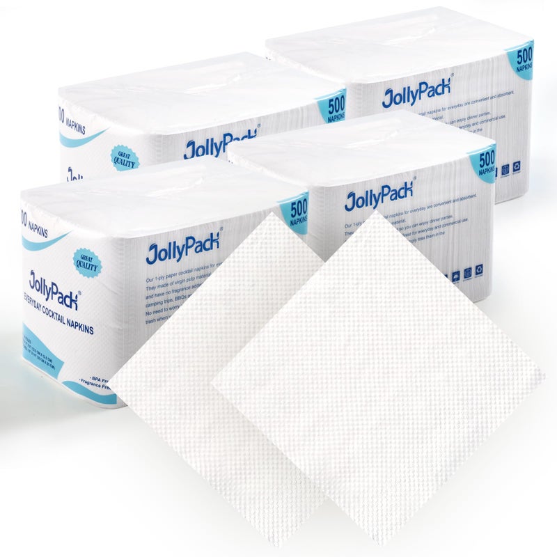 JollyPack 2000 Count White Beverage Napkins - 1-Ply 4.9 x 4.9 Folded Bulk Cocktail Napkins Paper  Lunch Paper for Restaurants  Bar and Party - 9.8 x 9.8 Unfolded - Image 1