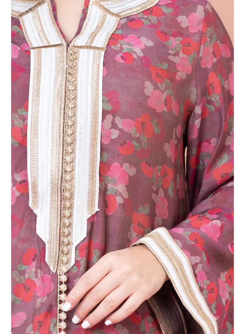 IKKXA Embroidered Floral Print Jalabiya