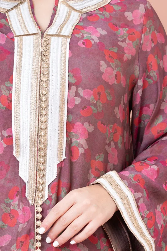 IKKXA Embroidered Floral Print Jalabiya