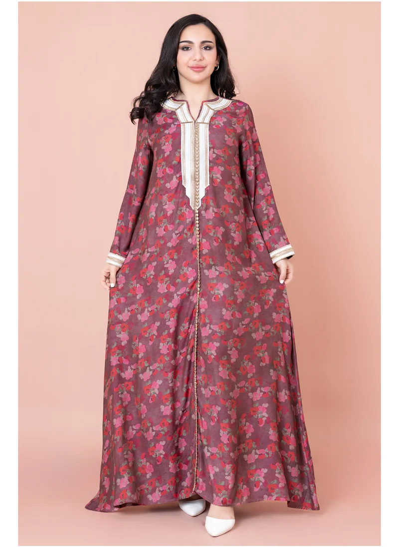 IKKXA Embroidered Floral Print Jalabiya