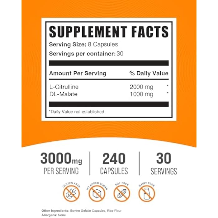 BulkSupplements.com L-Citrulline Malate Capsules - as L-Citrulline Malate 2:1, Nitric Oxide Supplement - Gluten Free, 8 Capsules per Serving (3000mg), 240 Count (Pack of 1) - Image 2