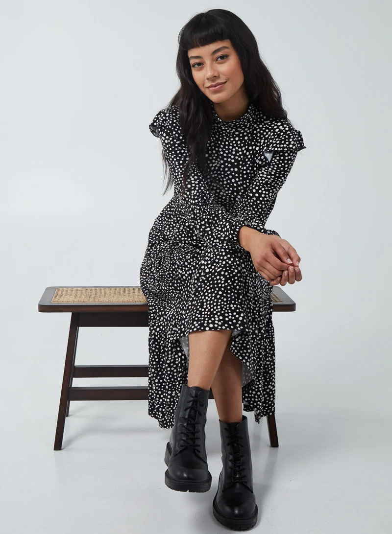 Blue Vanilla High Neck Frill Shoulder Tiered Dress